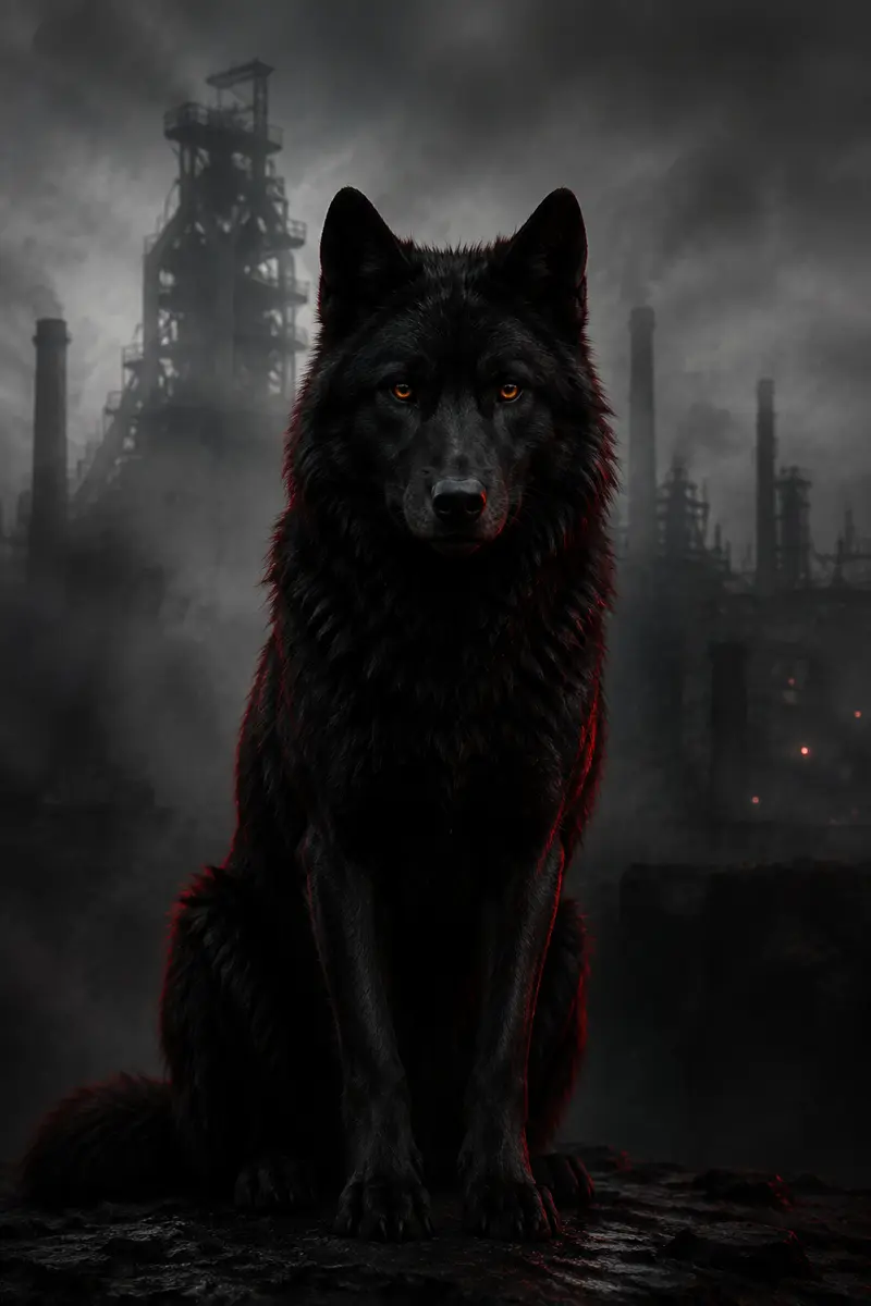 Schwarzer Wolf vor einer nebligen Ruhrpott-Kulisse